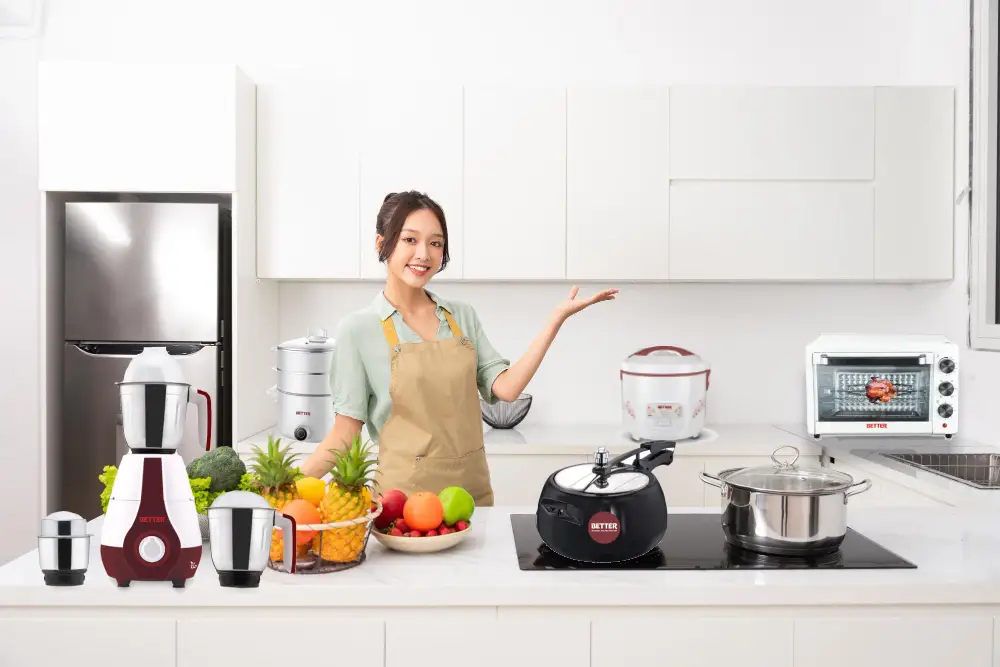 woman with different cooking appliances in the kitchen